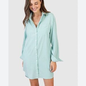 J. Crew Classic Fit Cotton Poplin Button Up Dress in Green/White | Size M